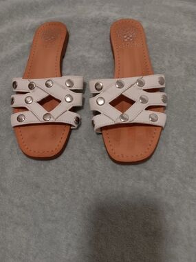 Vince Camuto White Studded Leather Slide Sandals with Tan Footbed